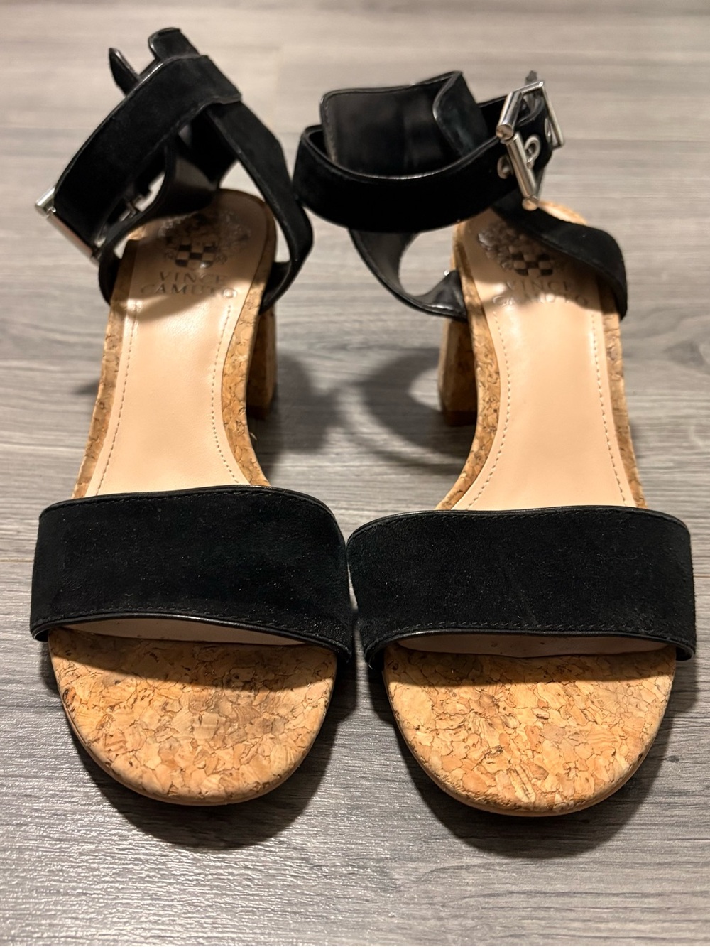 Vince Camuto Baeden Black Suede Cork Block Heel Sandals